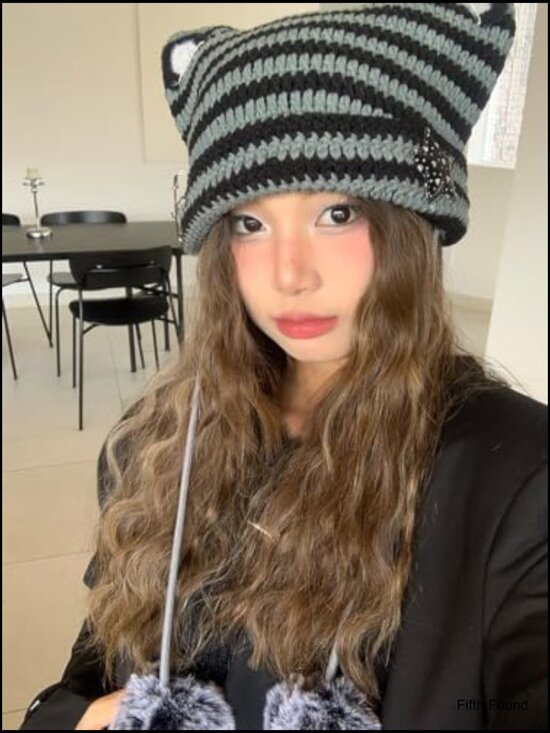 Y2K Cat Ear Beanie Cute Kawaii Grunge Star Crochet Hat Pompom Acubi Devil Scene main image 6